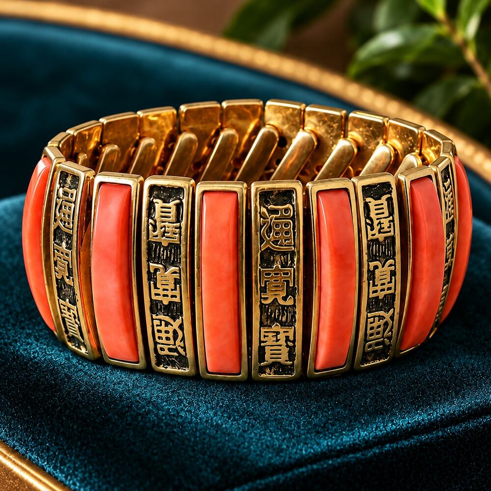 Asian-Inspired Stretch Bracelet Gold Tone Coral Red Panel Statement Bracelet